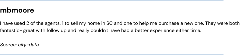 I have used 2 of the agents. 1 to sell my home in SC and one to help me purchase a new one. They were both fantastic- great with follow up and really couldn't have had a better experience either time.