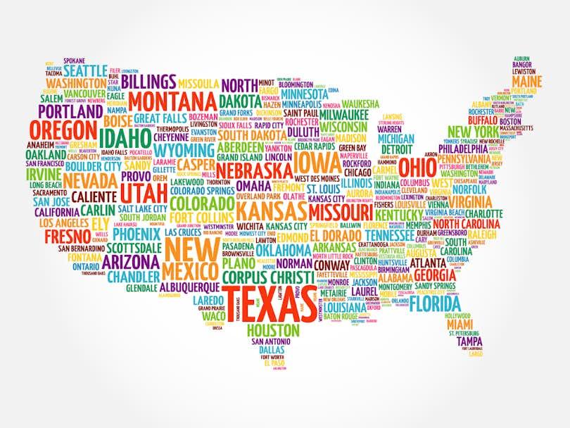 Multicolored map of the continental United States of America, cities and states are written out in various sizes where they are located