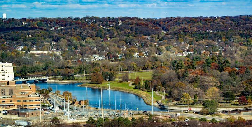 aerial view of Rochester, MN riverfront