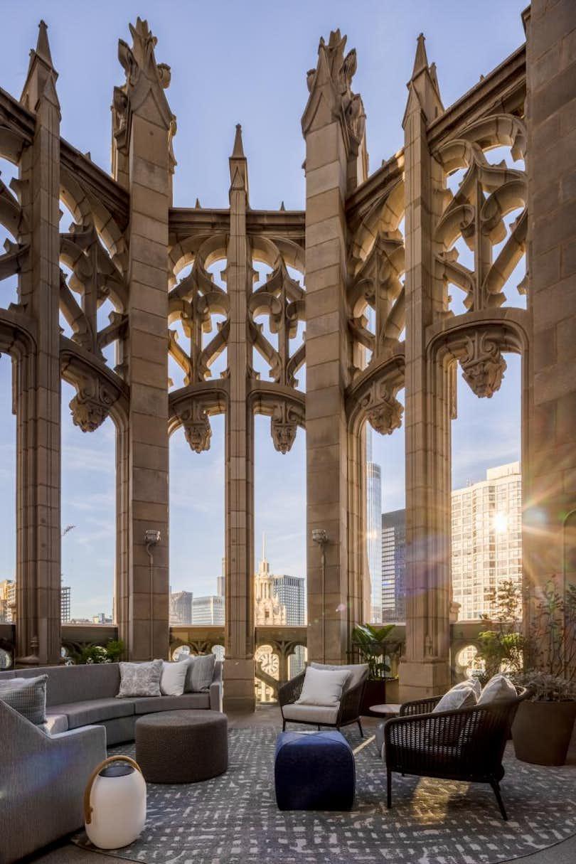 a patio seating area in the newly converted Tribune Tower building